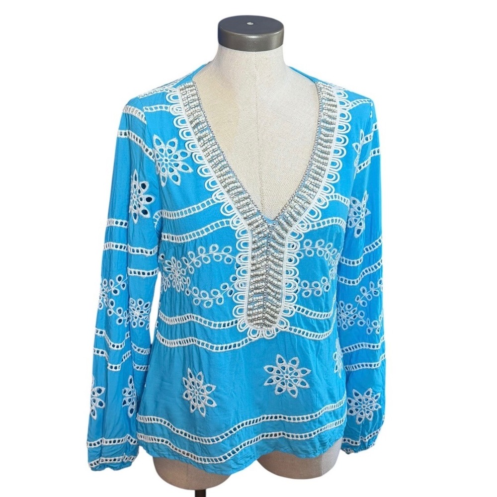 Boston Proper Turquoise Blue Eyelet Beaded V-Neck Boho Tunic Top Small 2A17230